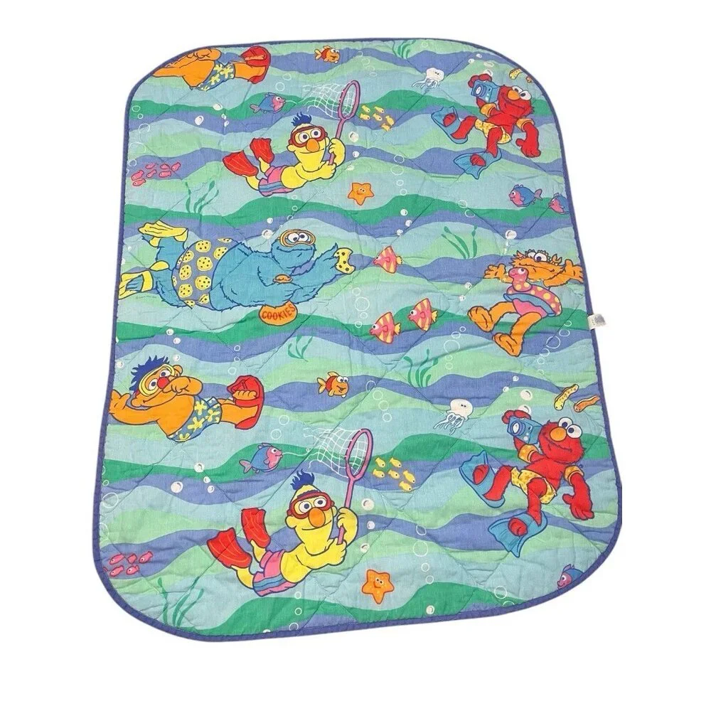 Vintage Sesame Street Quilt Baby Blanket Crib Bedding Elmo Bert Ernie Swimming